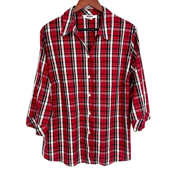 ALIA Plus Size 22W Womens Christmas Plaid Red Holiday Blouse Shirt Top Artsy - Picture 1 of 7